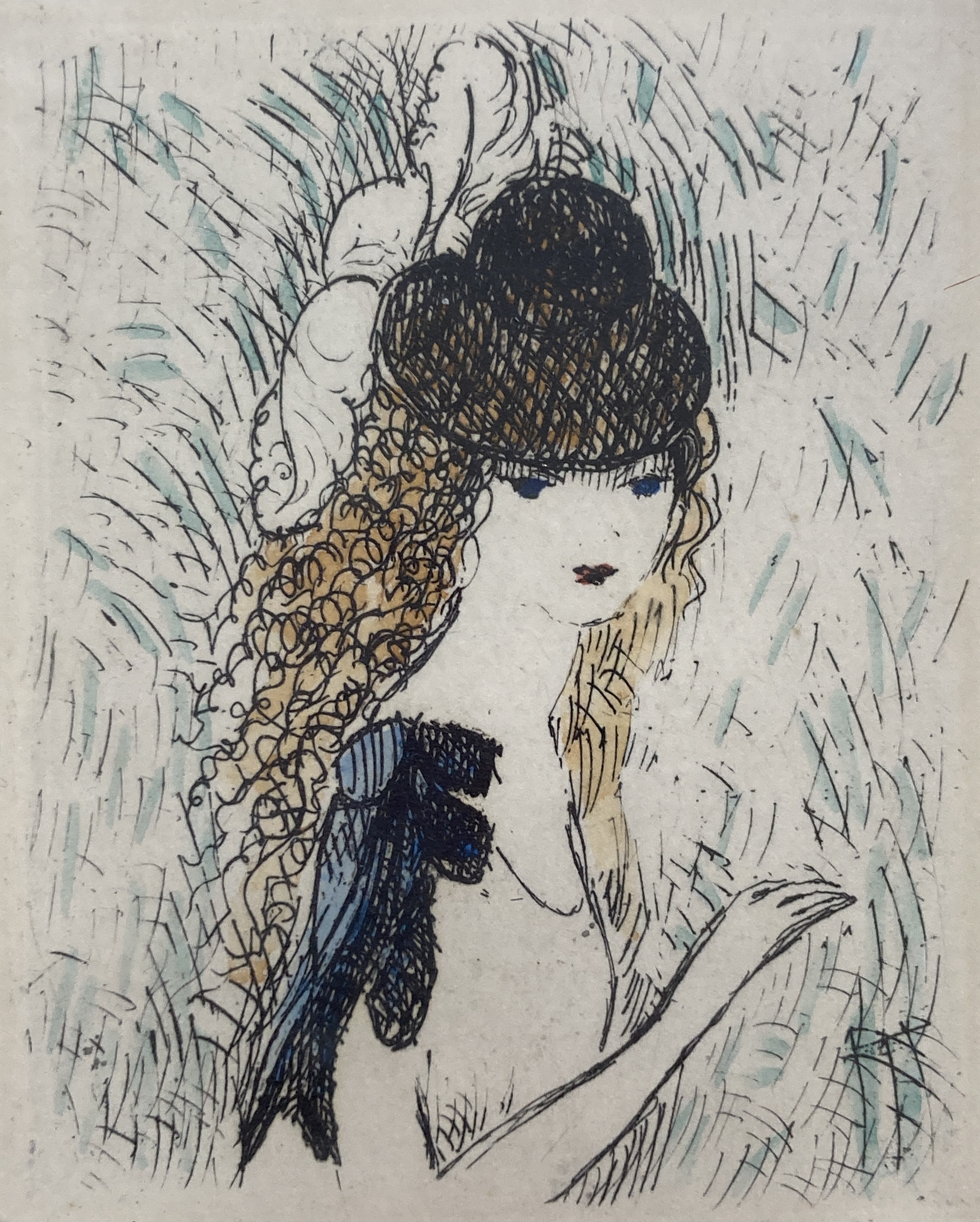 Marie Laurecin, coloured etching, Portrait of a lady, unsigned, 8 x 6.5cm